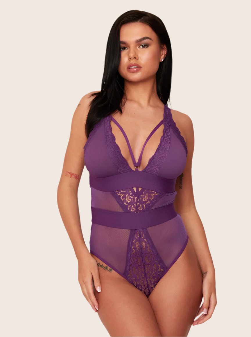 Alicia bodysuit in plush purple with sexy caged cups