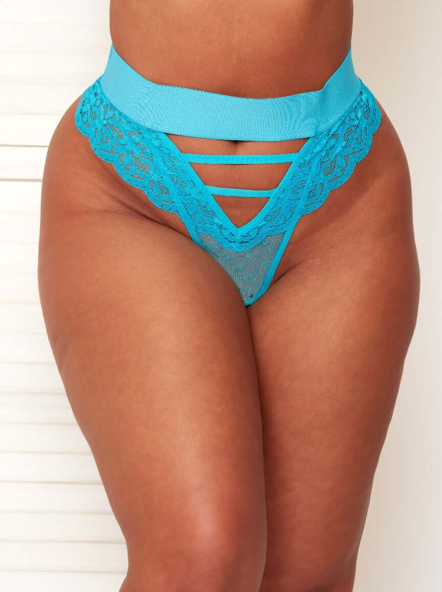 Amber high waist thong caged detail on the front in bluebird blue